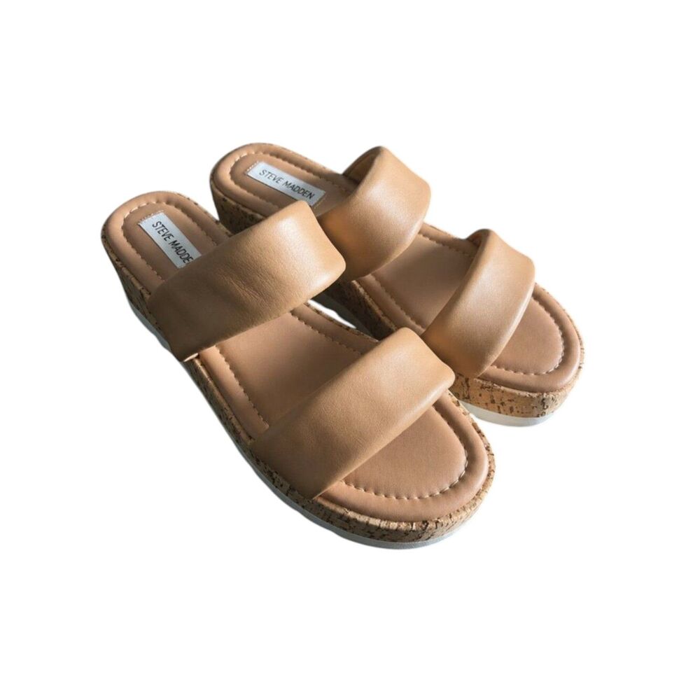 Steve Madden Defuse Cork Wedge Slide Sandals Tan Leather Quiet Luxury 10M